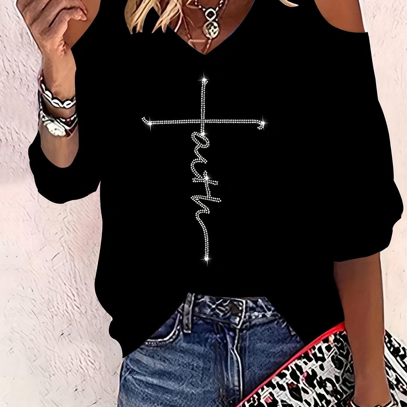 Image of Elegant -neck Cross Rhinestone T-shirt Fashion V-neck Off-the-shoulder Rhinestone Women's Top