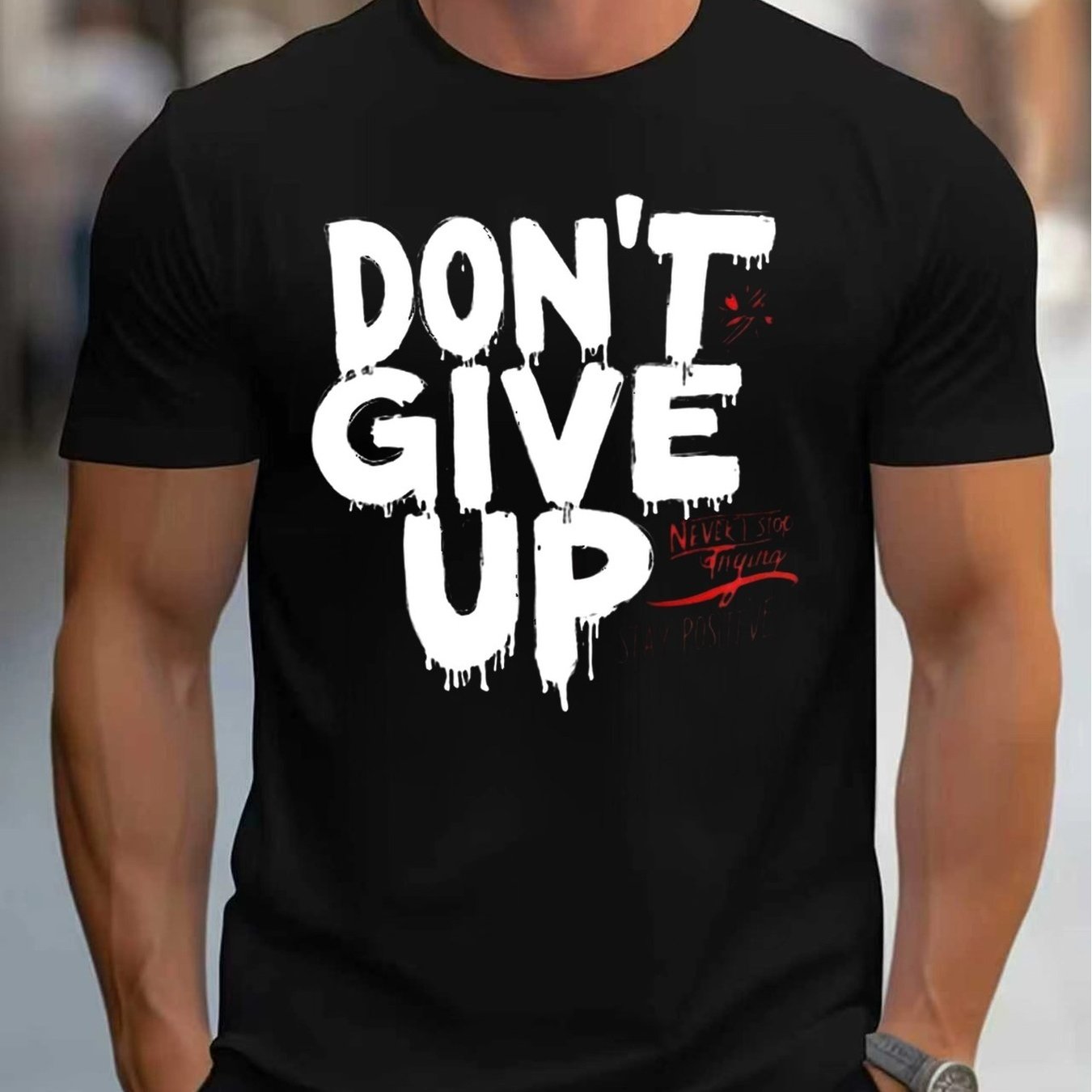 TEMU [printed Design - Not Textured] 1pc Men's Inspirational T-shirt, Featuring "never Give Up" Quote And Success Slogans (never Give Up, , ), With