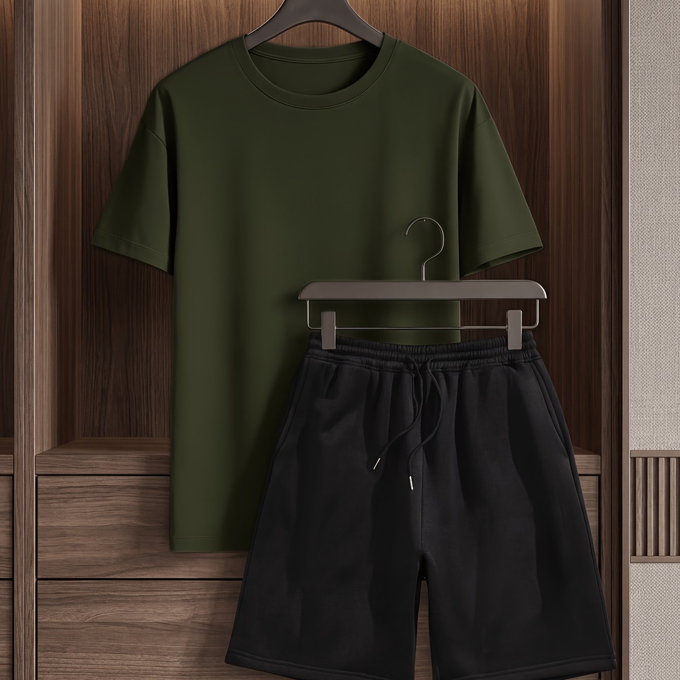 TEMU Men's Casual Solid Color T-shirt And Shorts 2pcs Set - Soft Daily Wear Top For Home And | Round Neck Design, Suitable For Fitness, Running, And