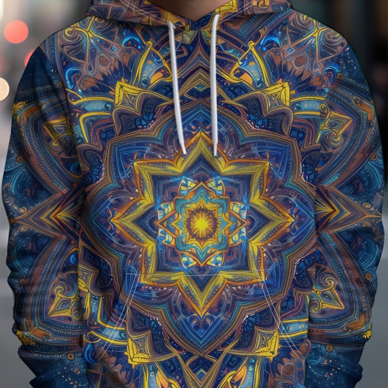 TEMU Unlock A New Paradigm For Men's Streetwear - This Mandala, With Its Blue And Yellow Hues, A Center, And An Aura Of Mystery And Fantasy. A Fully