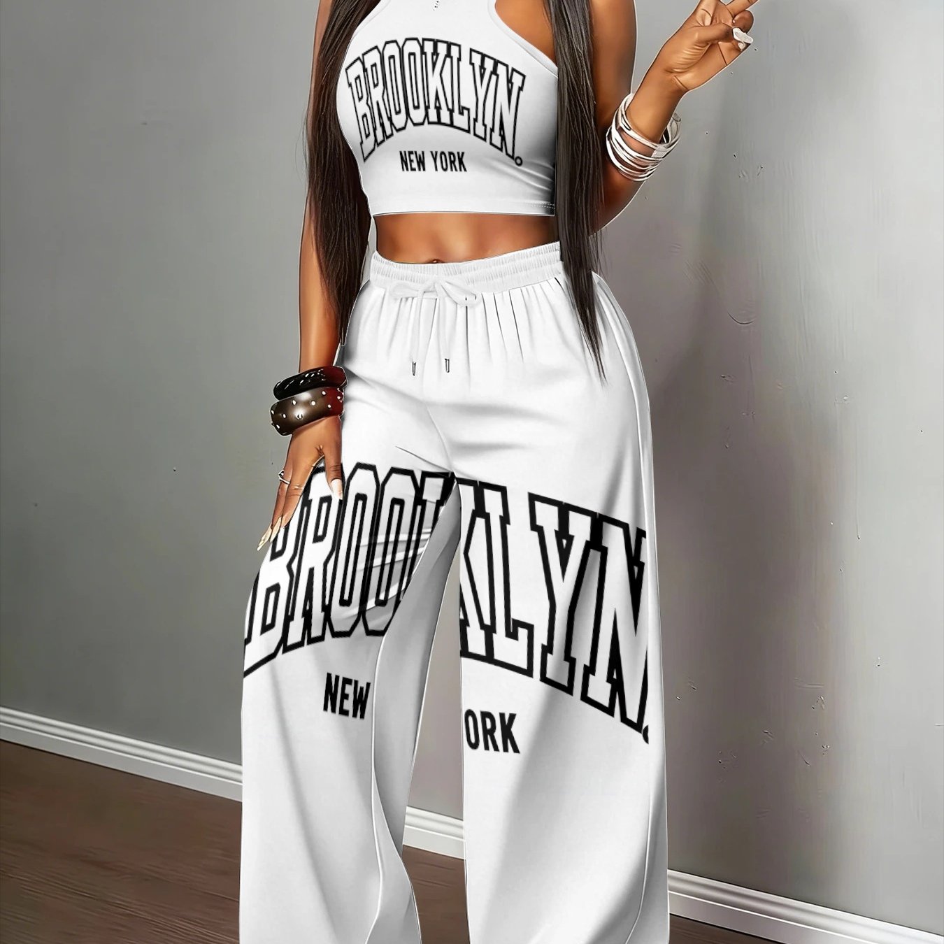 TEMU Two-piece Set For Women Featuring A Halter Top And Wide-leg Pants, Designed Background And Brooklyn Lettering, Complete With A Drawstring For A