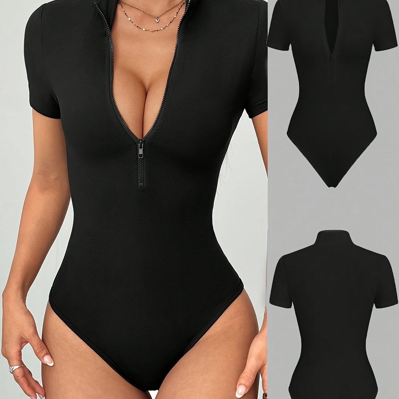 Women's Y2k Slim Fit Short Sleeve Zip-up Bodysuit - Stretchy Round Neck Machine-washable Versatile Black Top, Stylish Outfit, Trendy Fashion, Medium Elasticity