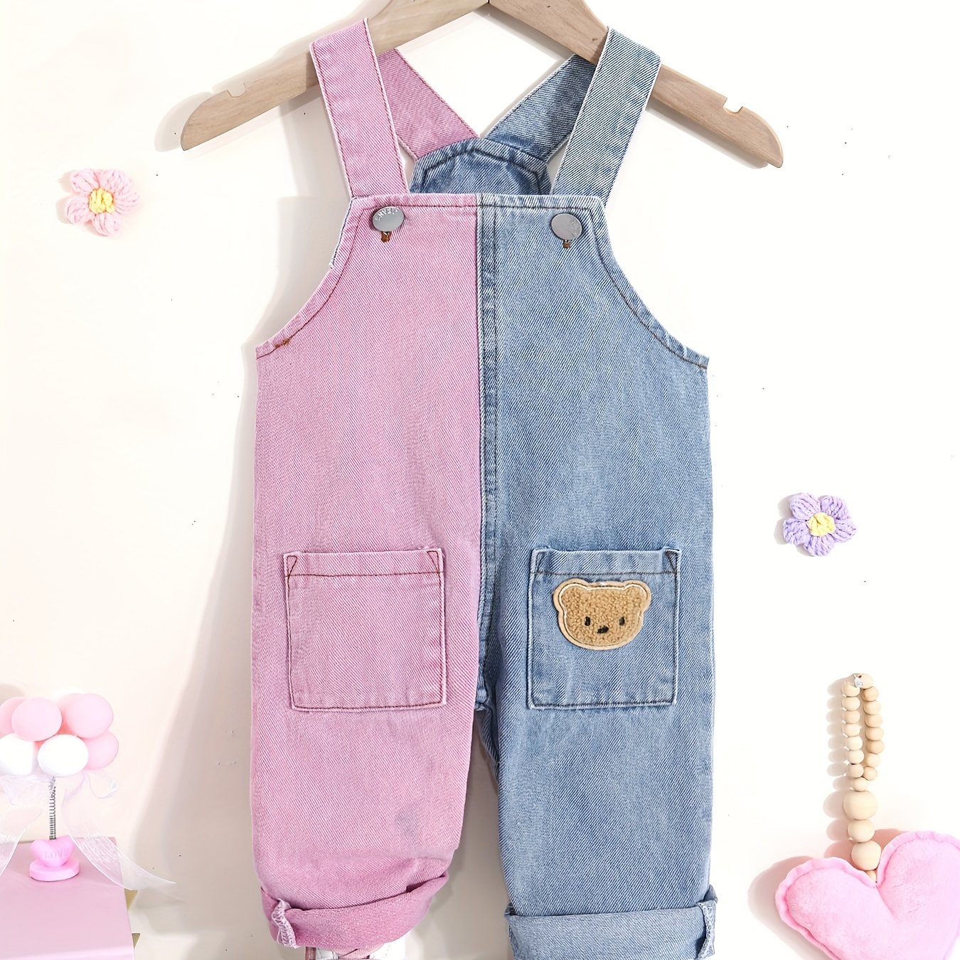 Girls' Christmas And Valentine's Day Color Block Denim Suspender Pants