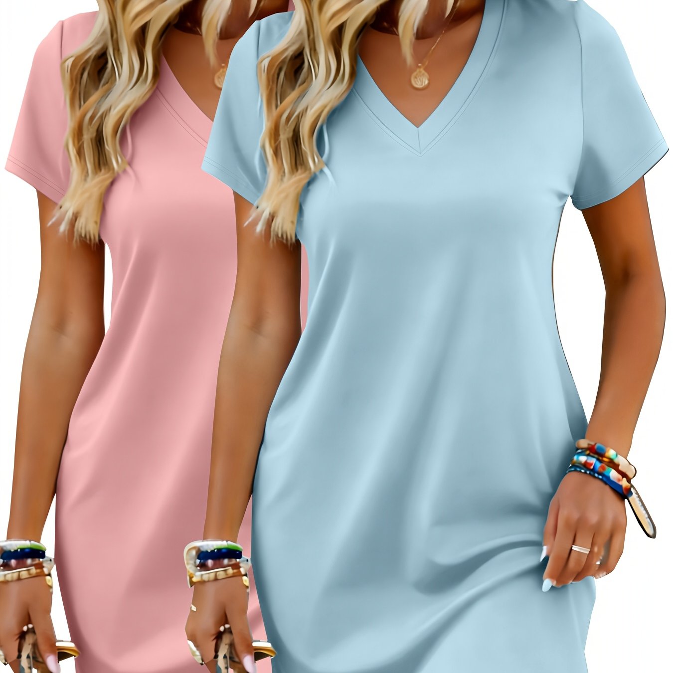 TEMU [2pcs Set] V-neck Mid-length T-shirt Dress Women's Summer Easy Versatile Vacation Casual Skirt Short Sleeve Ladies Long Top