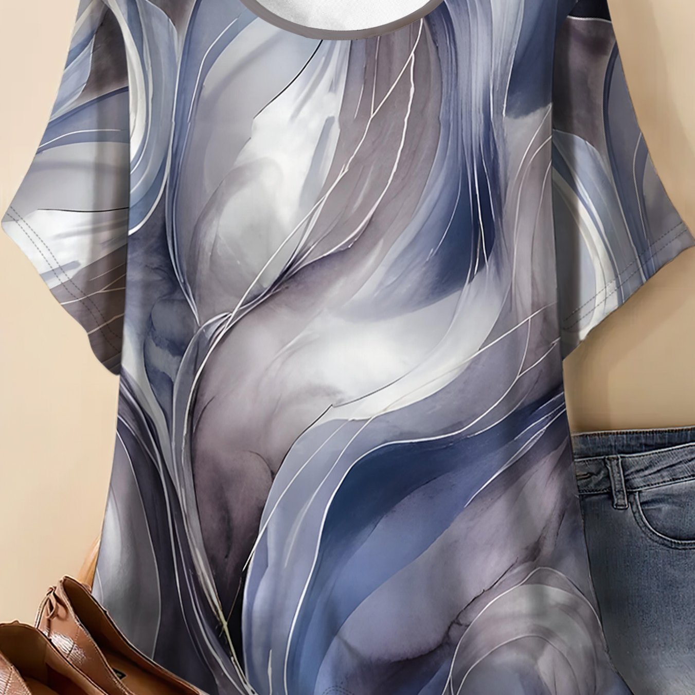 TEMU Women' Plus Size Oversized T-shirt - Abstract Print Short Sleeve Round Neck Blouse Suitable For Sporty Casual Wear, Loose Fit Full-body Top,