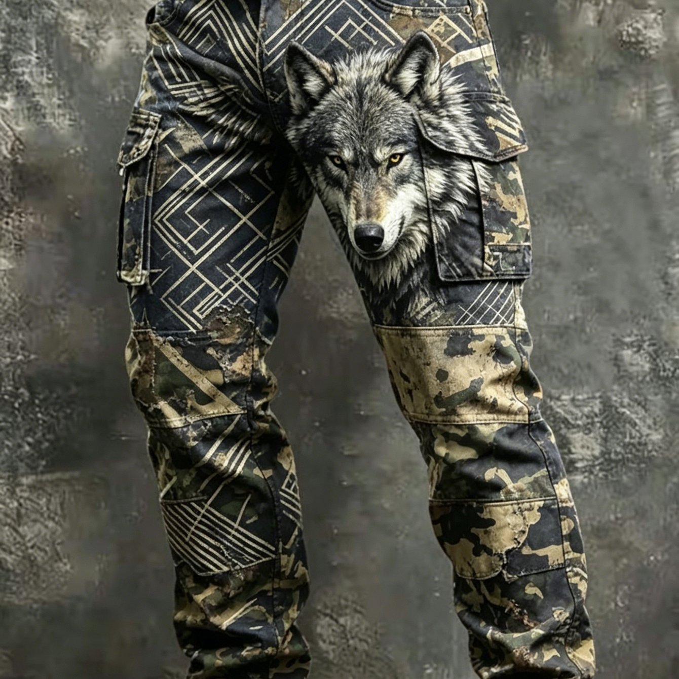 Men's Vintage Wolf Camo Cargo Pants - Full-body Camouflage Print Soft Comfortable Fabric Suitable For Outdoor,, & Casual Attire, Machine Washable Pants With Wolf, Regular Fit - Pants