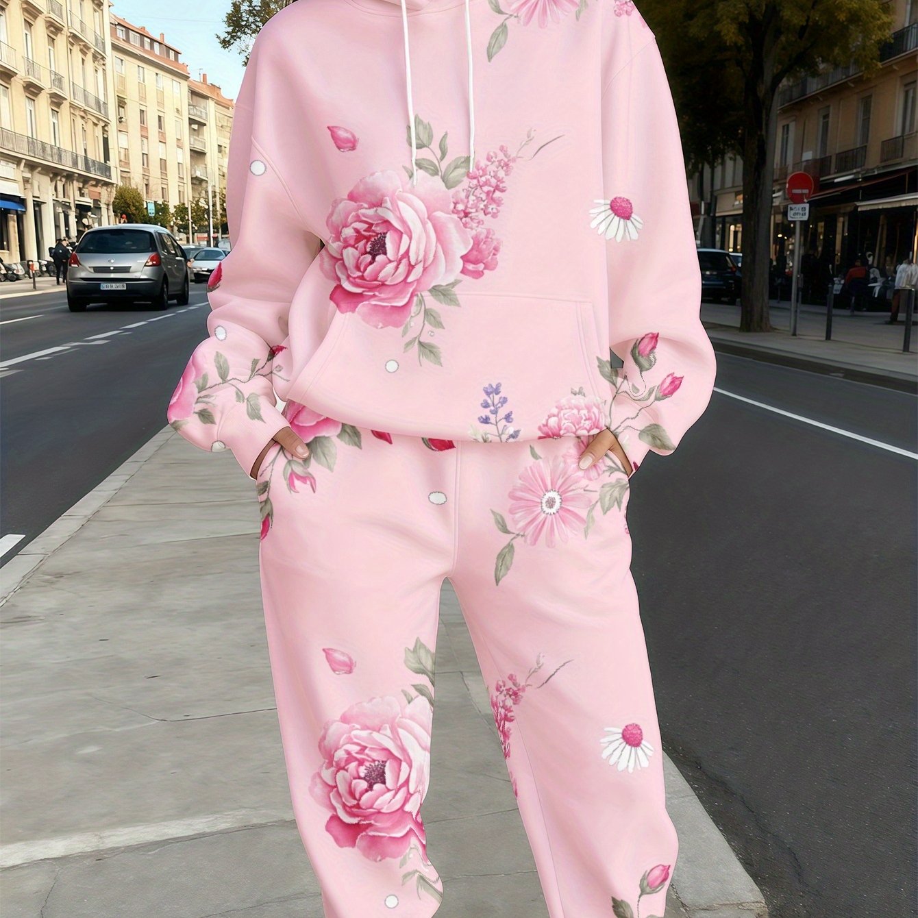 Plus Size Women's With Roses And Daisies Full Print Printed Sports Suit, Casual Loose Long Sleeved Hooded Sweatshirt And Drawstring Waist Pants Two-piece Set, Women's Sportswear