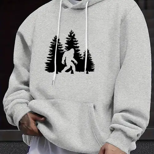 mens casual hoodie with sasquatch print cozy pullover with kangaroo pocket polyester blend fall winter