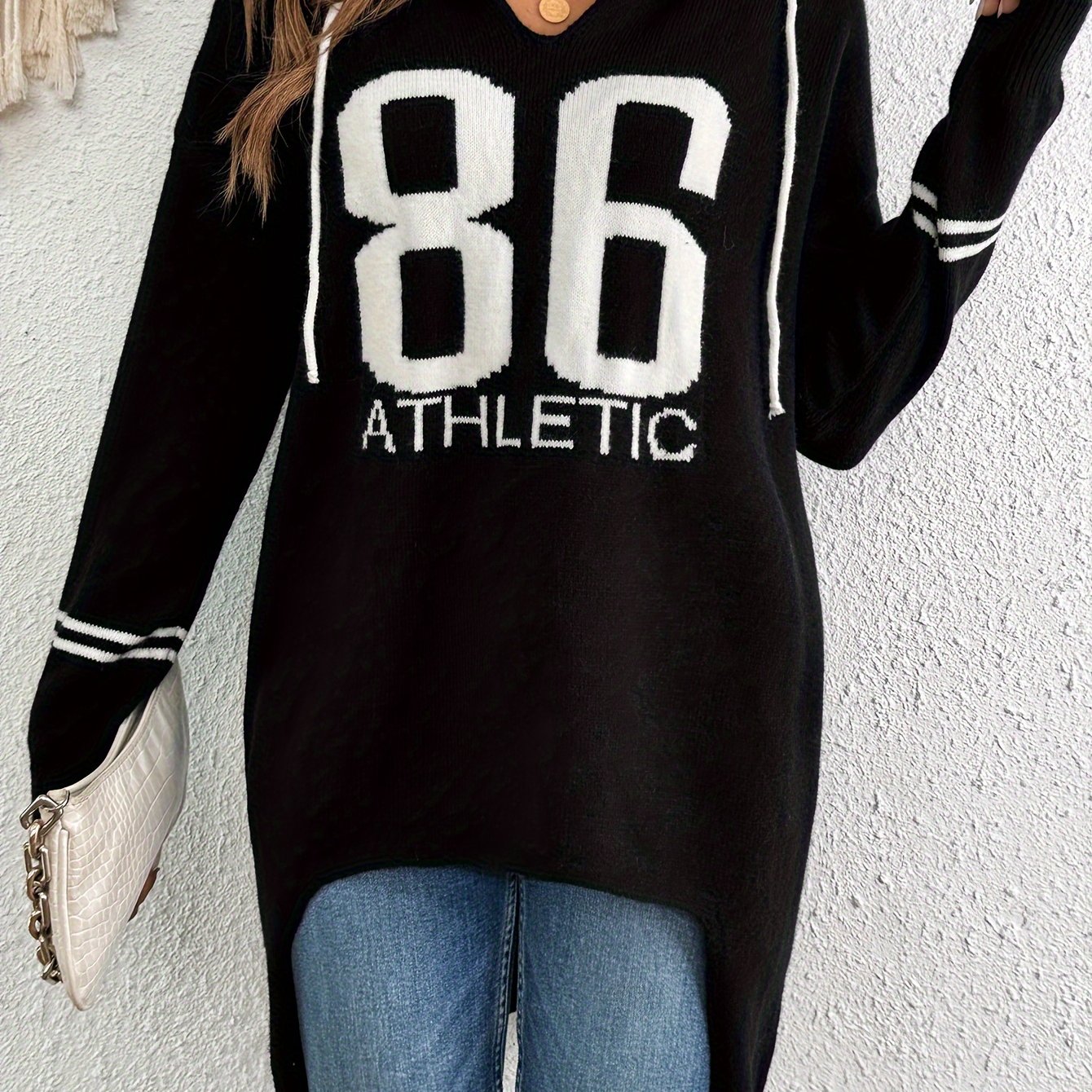 Image of Spring/autumn New Arrival Casual Fashion Jacquard Contrast Color Dress With Hood, Loose Fit Pullover Long-sleeve Sweater For Women