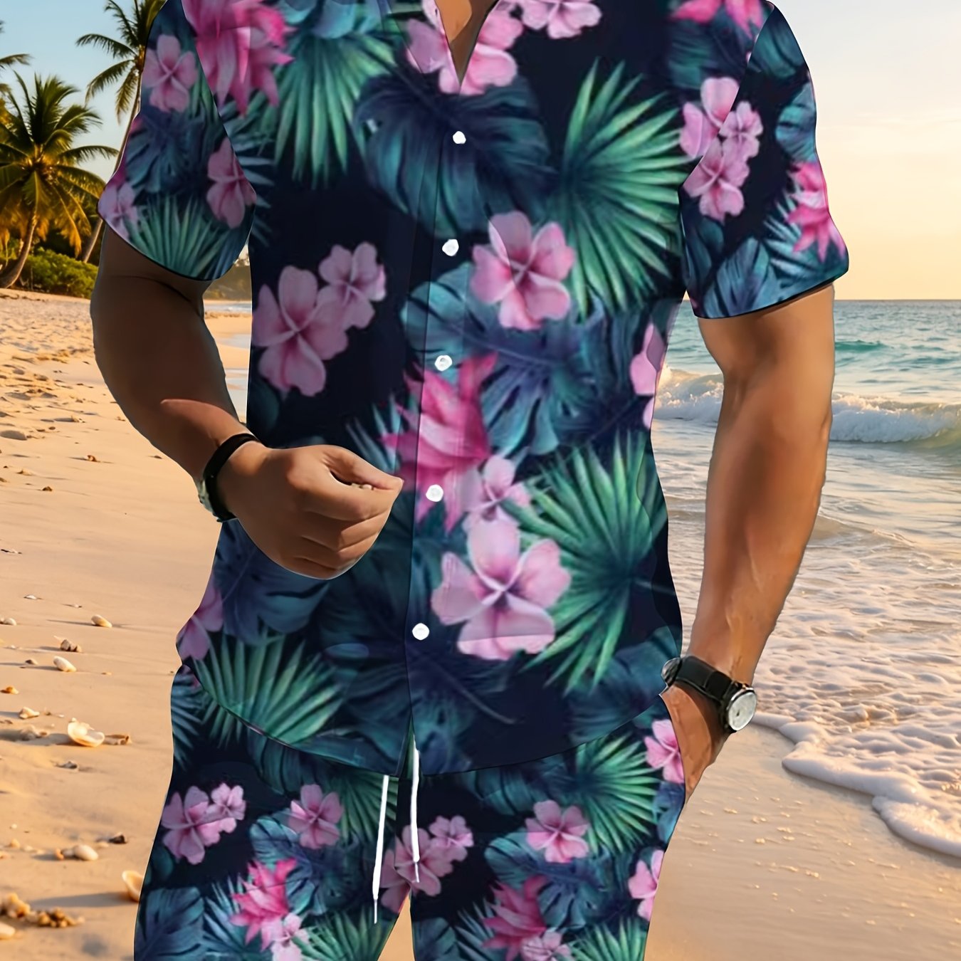 TEMU [printed Design Not Textured] Men's Tropical Floral Print Leisure Suit Set Polyester Lightweight Breathable Shorts And Shirt For Beach Vacation