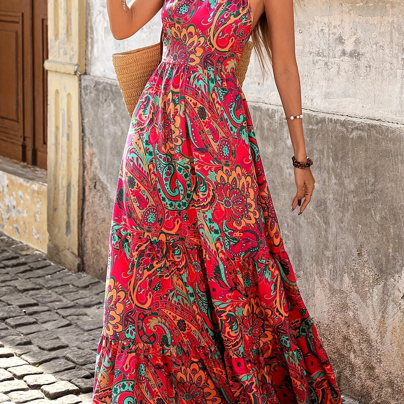 Summer Women's Thin Strap Print Maxi Dress