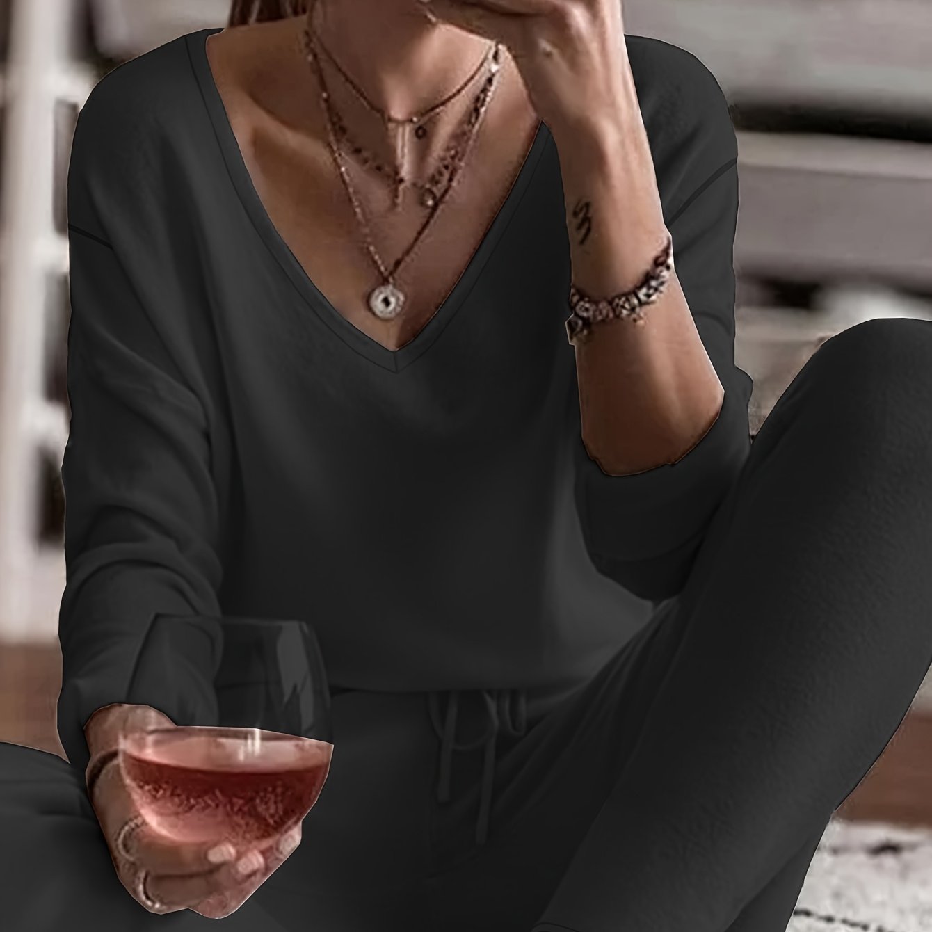 Image of Women's Autumn And Winter Brushed Fabric V-neck Long Sleeve Pants Pajama Set