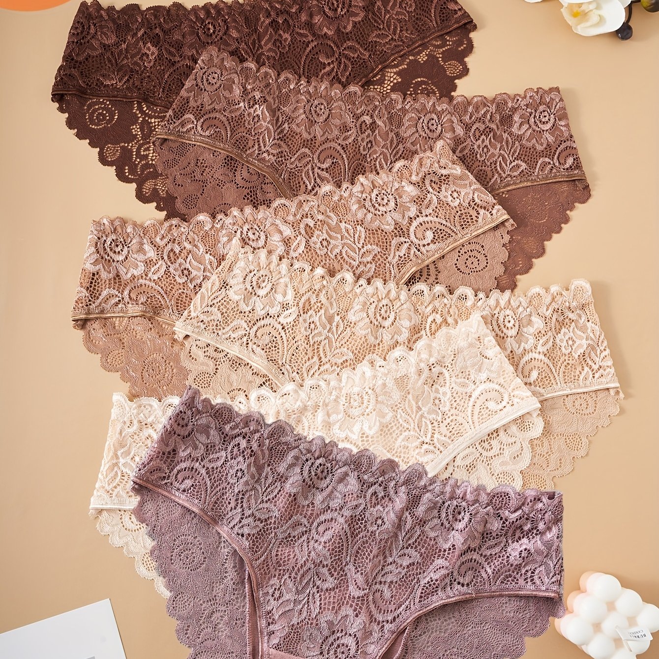 6pcs Ladies' Underwear With Lace Flower Pattern | , Contrast Lace Details, Solid Colors