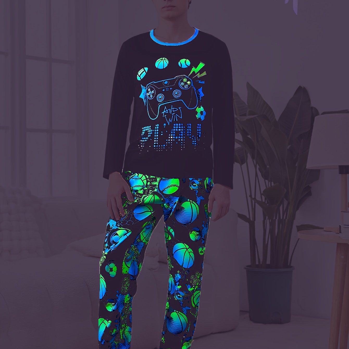 [back-to- Teenager] Tall Size Neon Cool 3d Game Console Controller Round Neck Long Sleeve Full Print Loose Non-restrictive Athletic Style Set, For Teenager