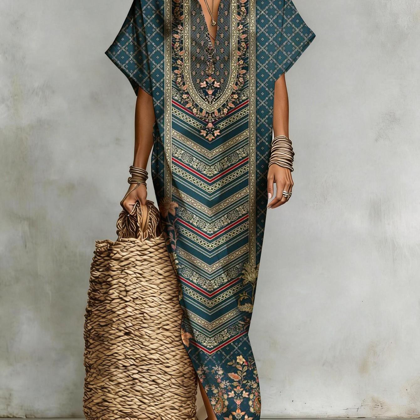 Image of Summer Women Maxi Dress, Short Sleeve Casual Shirt Style, Loose Comfortable Version, Daily Boho Dress
