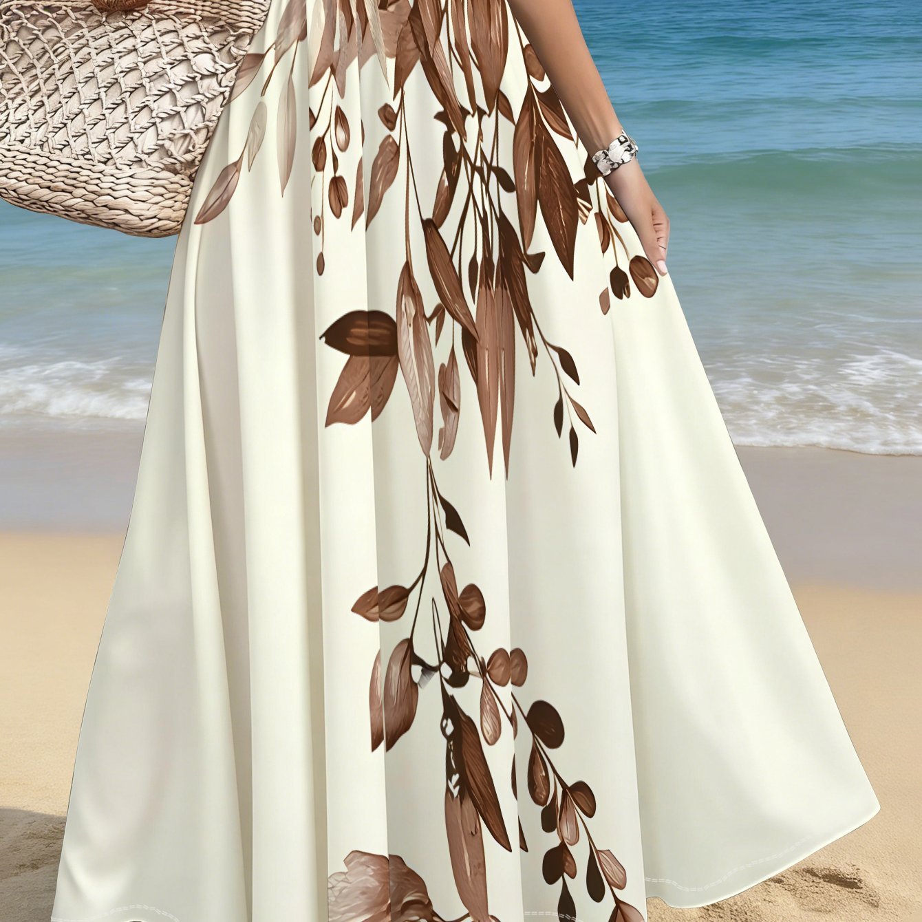 TEMU Women's Plus Size Skirt With Brown Leaf Print, Great For Beach Vacations, Travel, Outdoor And Casual Wear, Summer Festivals, Lightweight Fabric
