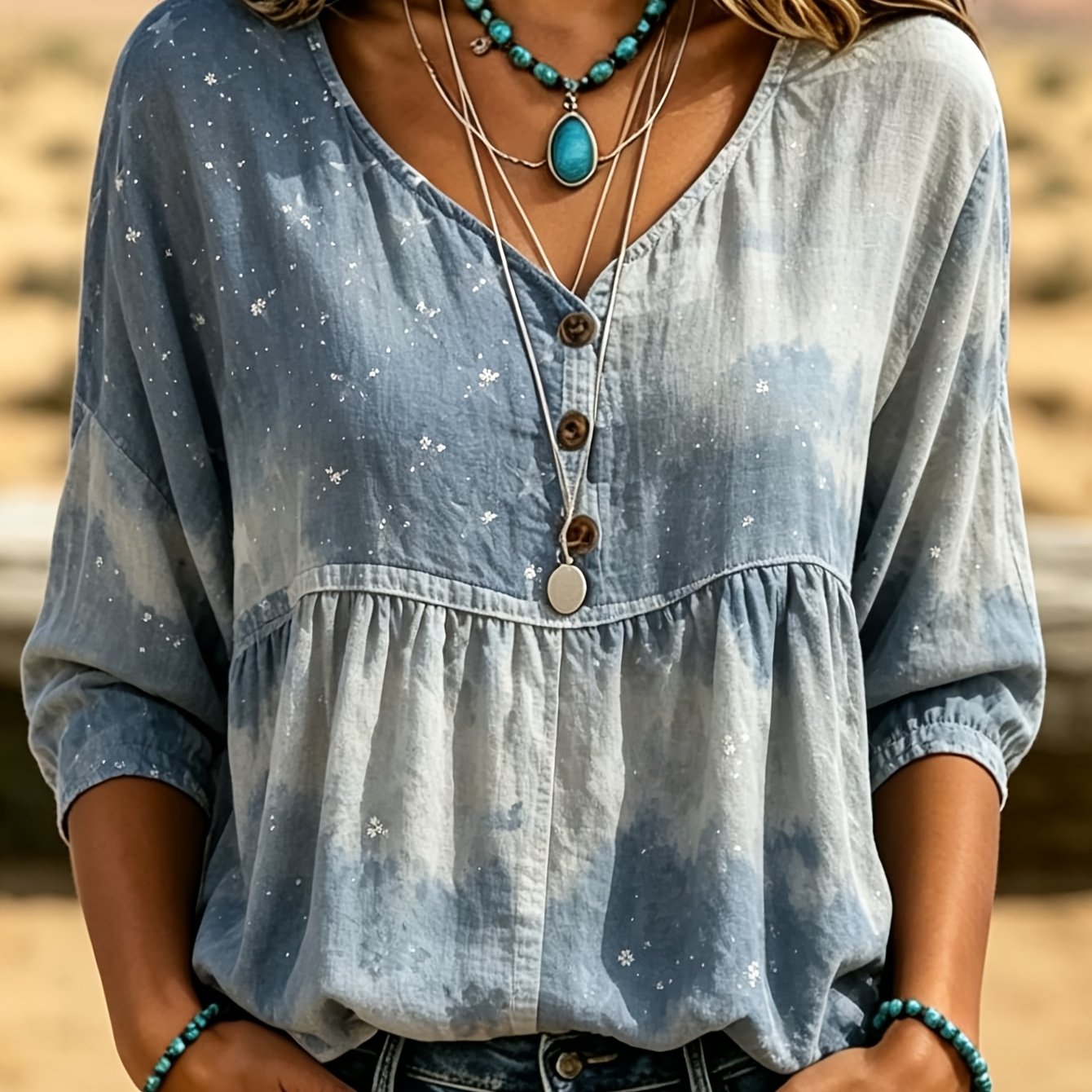 TEMU Women's Blue Gray Tie-dye Tiny Floral V-neck Henley Top, 3/4 Sleeve Loose Babydoll Blouse, Casual Boho Relaxed Fit Tunic Shirt For Daily Wear