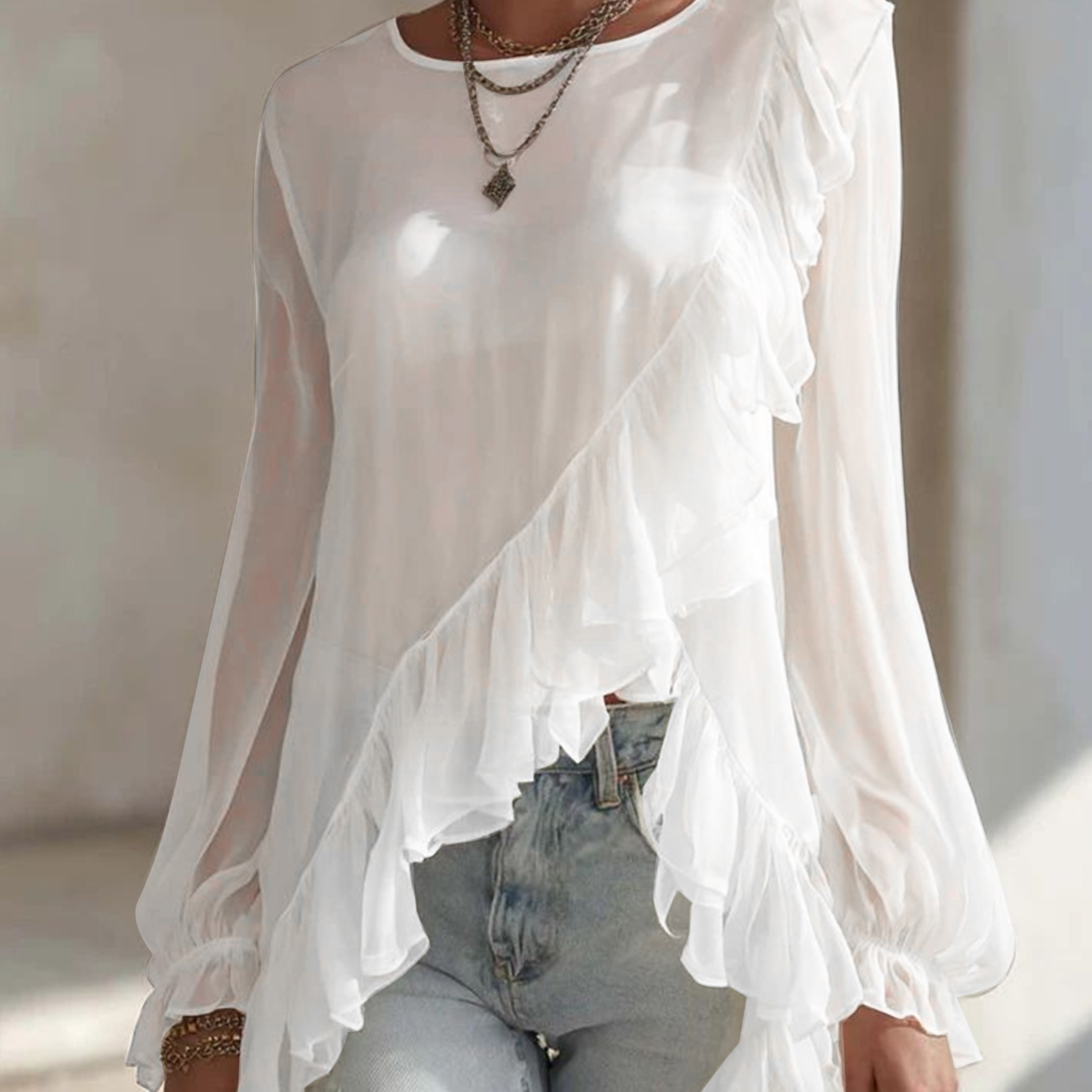 E-shop Damenoberteil, modische, halbtransparente Chiffon-Bluse mit unregelmäßigem Rüschenbort und langen Ärmeln, lässiges, elegantes Damenhemd,