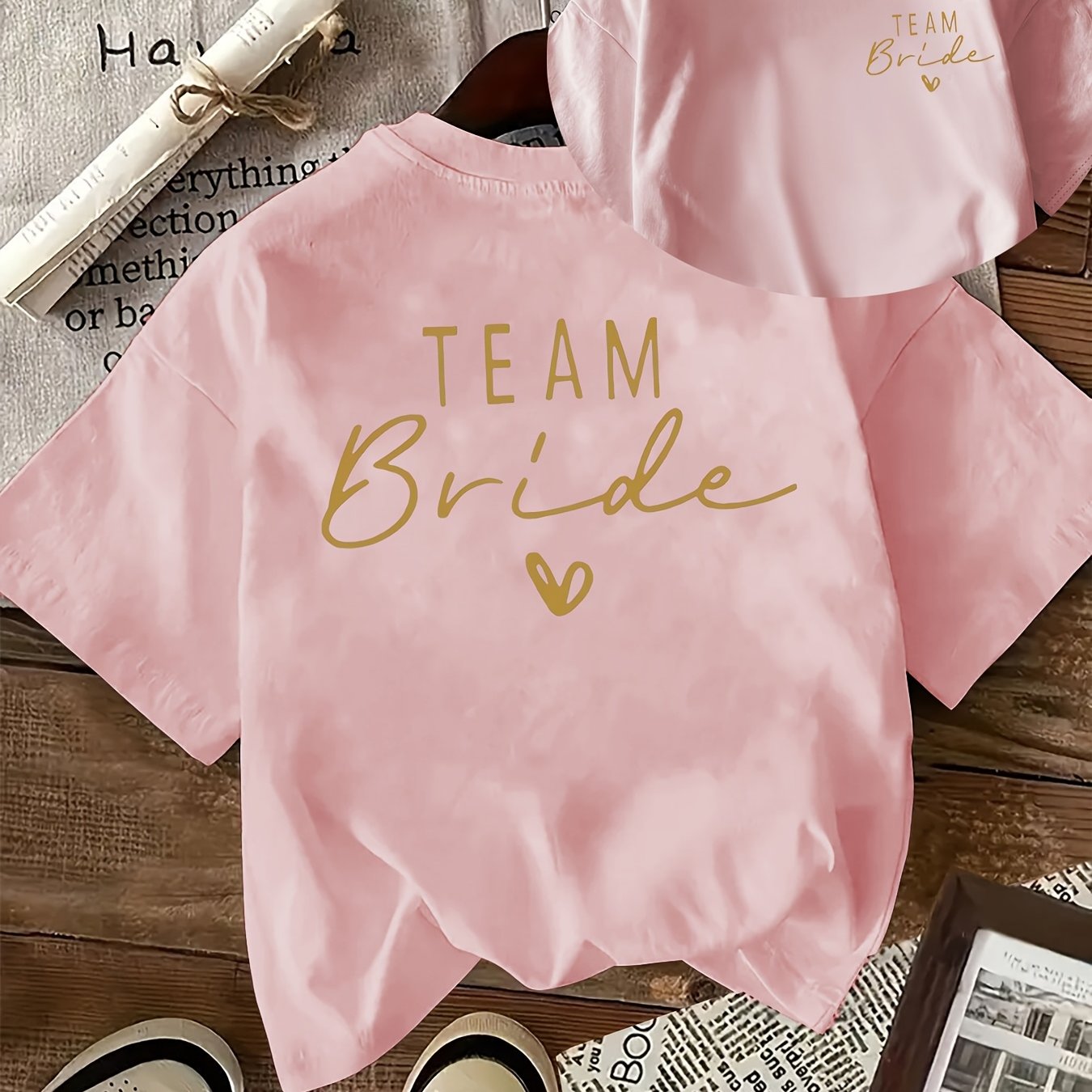 TEMU T-shirt Femme à Manches Courtes - Imprimé - Col Rond avec Lettrage & Cœur, Adapté à Toutes , Confortable pour un Look Décontracté, Lavable en