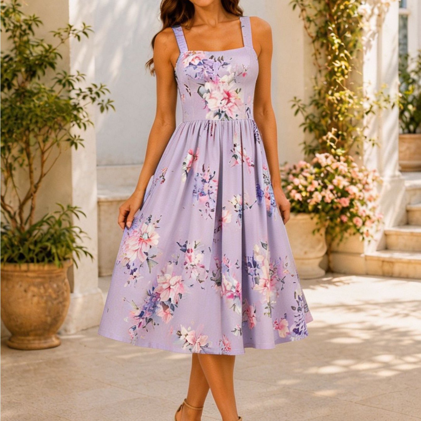 Image of Beautiful Elegant Ladies Boho Floral Print Midi Dress Sleeveless Square Neck High Waist Pleated A-line Swing Silhouette Outfits For Women With 2 Side Pockets