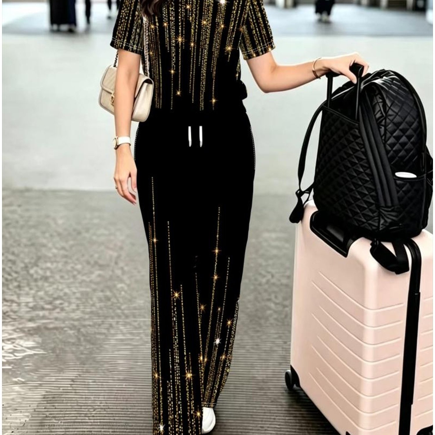 TEMU [printed Design-not Textured] Women's Pants Set, Golden Sequined Pattern, Elegant Festive Style, Suitable For Daily And Party Wear, Fashionable