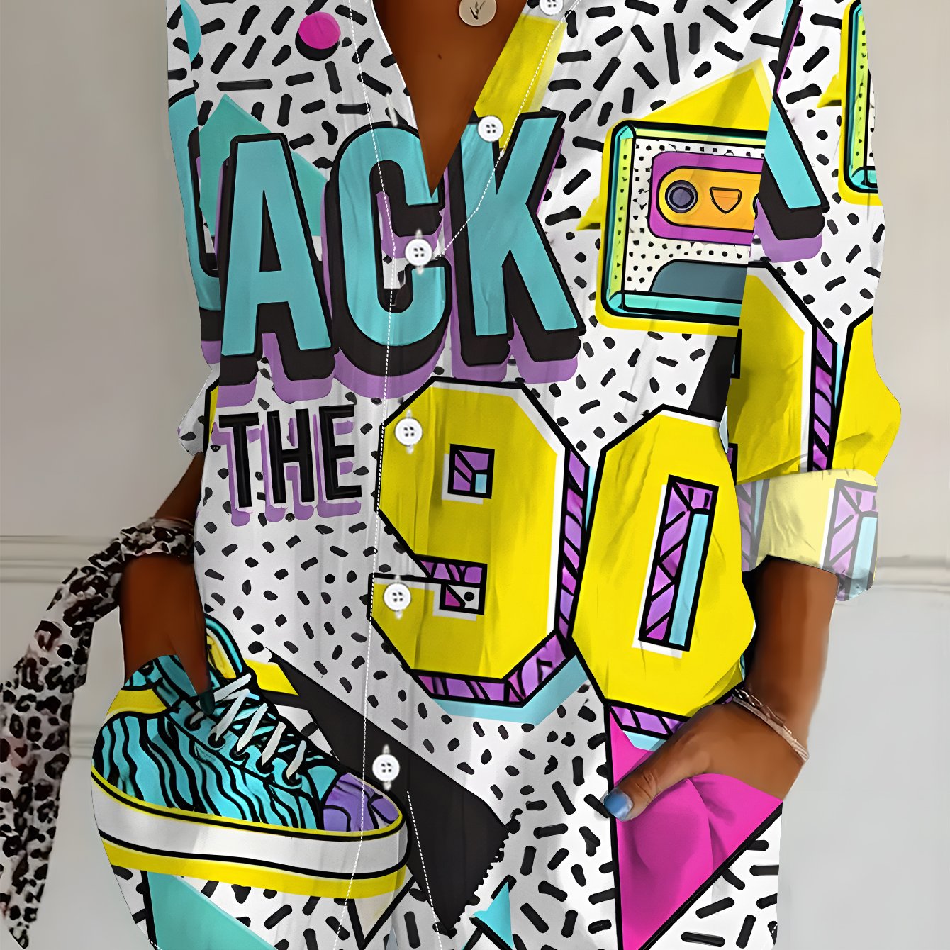 TEMU Plus Size, Plus Size Women's Long Sleeve Shirt, Vintage Style Loose Fit Printed Shirt With Cassette Tape And Shoe Elements, Mid-length Long