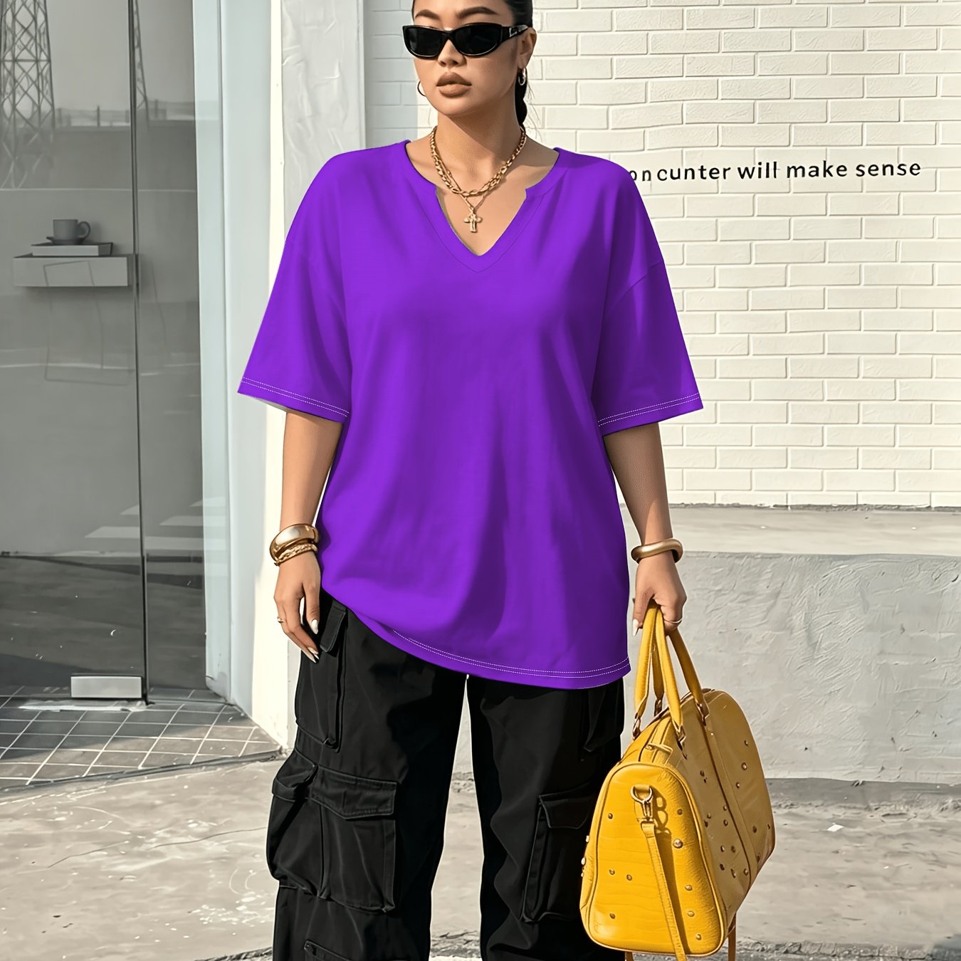 TEMU Plus Size - New Plus Size Casual Purple V-neck Short Sleeve Top Women' Shoulder Loose Versatile Basic Solid Color T-shirt