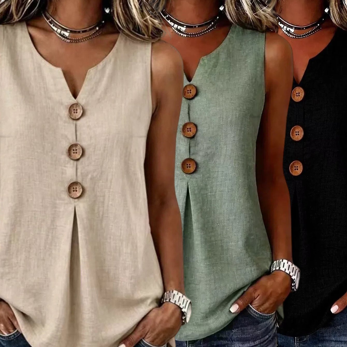 TEMU 3-pack Spring/summer Women's New Arrival: Sleeveless, Single-breasted, Loose-fit Casual Tank Top