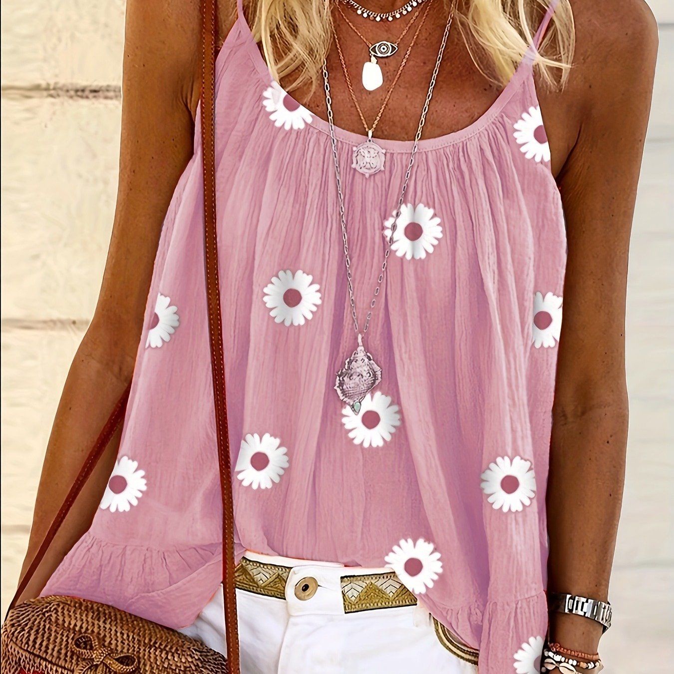 Image of Casual Women's Printed Thin Shoulder Strap Vest, Suitable For Summer Wear, Women's Clothing, Suitable For Leisure And Beach Travel, Non Stretch Fabric, Fashionable Women's Clothing In Summer