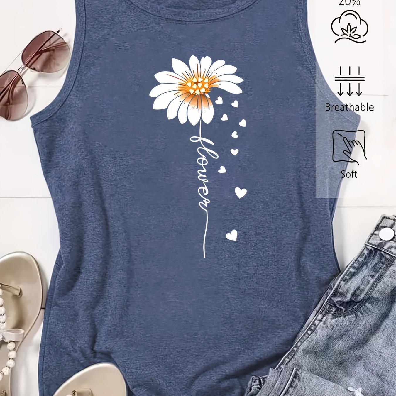 TEMU Elegant Women's Tank Top With Floral Print, Casual Loose Summer Vest, Stylish And Elegant For Commuting, Vacation, And Daily Versatile Wear,