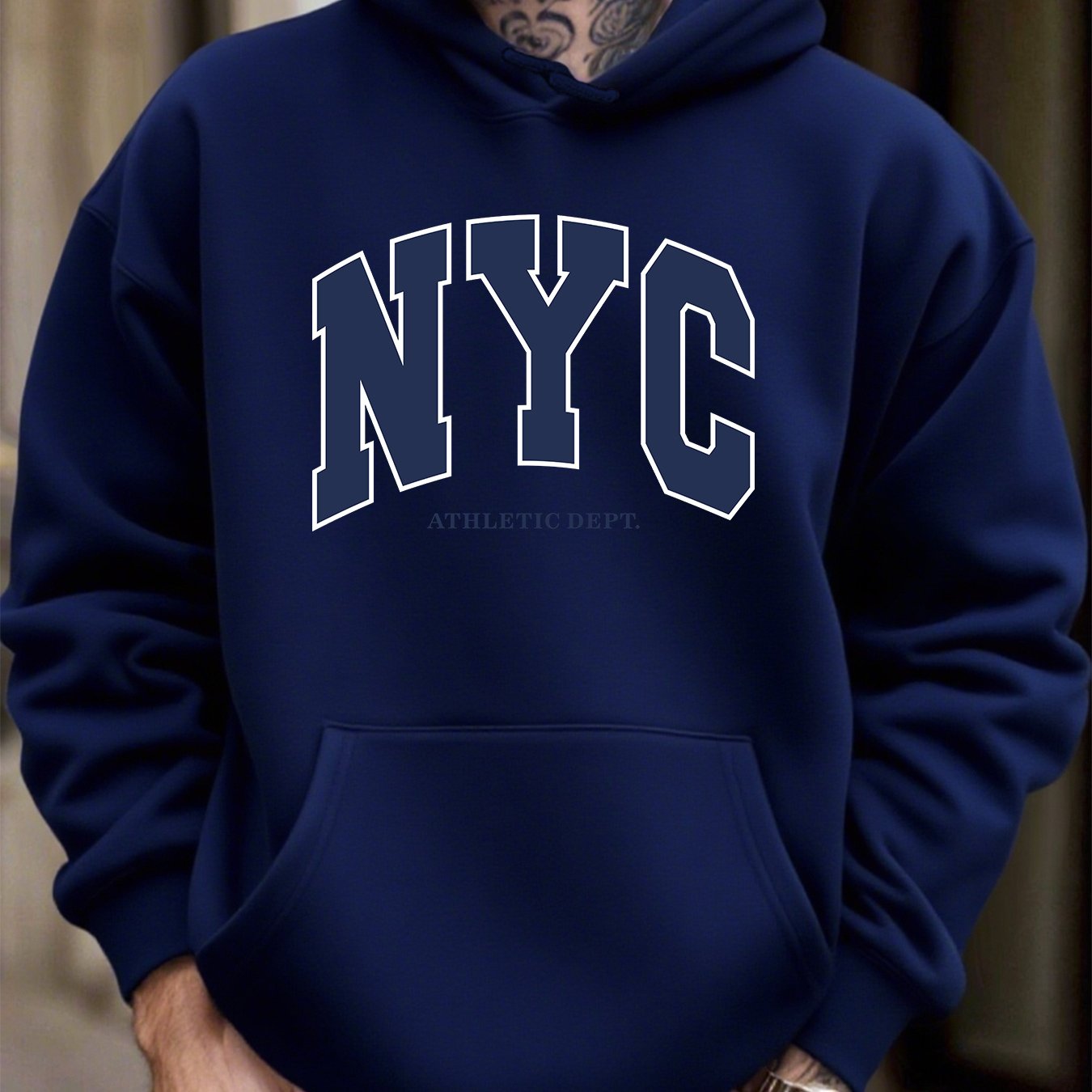 TEMU Men's -lined Hooded Sweatshirt Nyc Casual Fashion Versatile Hoodie, Comfortable Long-sleeve Pullover, Outdoor Street Style, Minimalist Slogan,