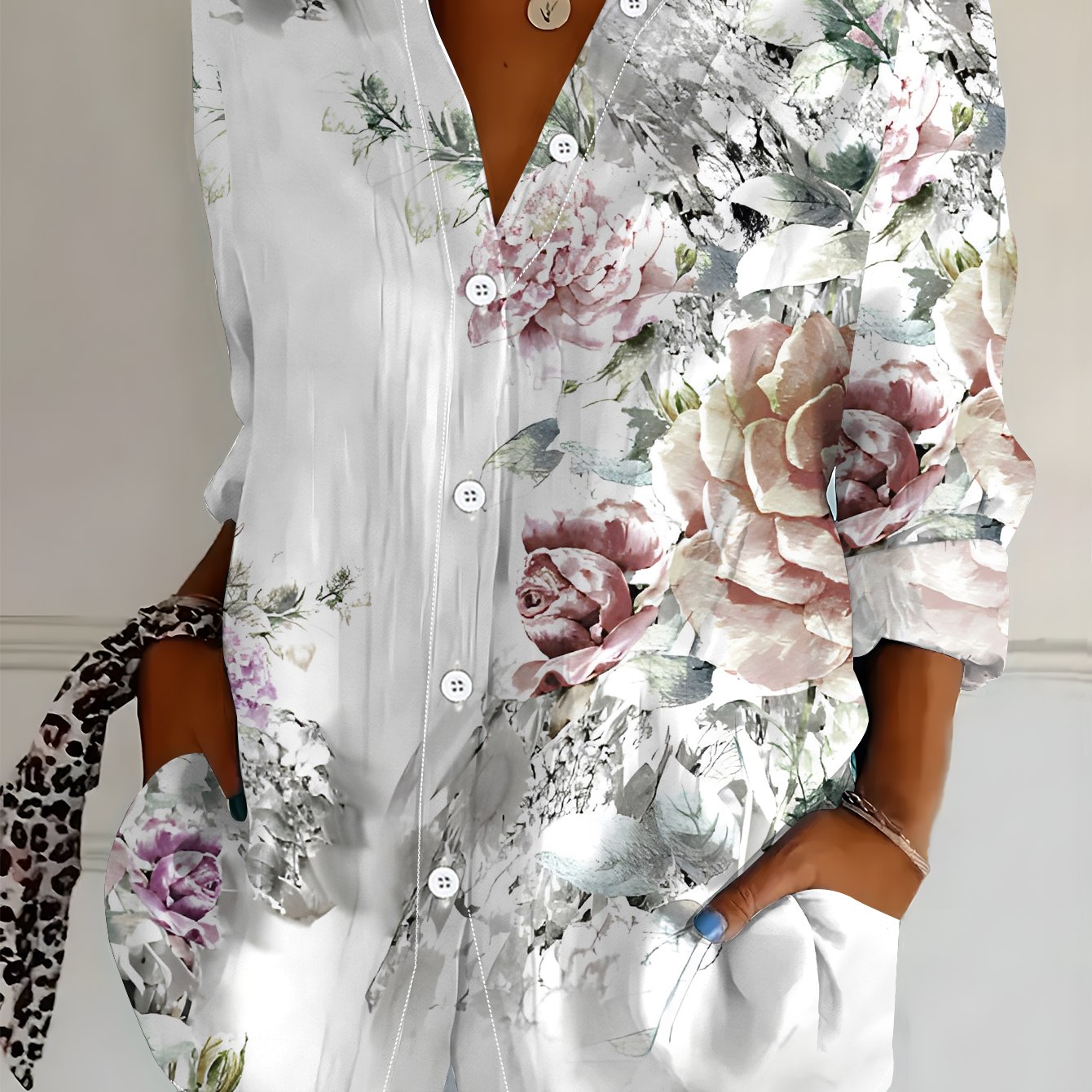 TEMU Plus Size Women's Long Sleeve Shirt, Floral Print Blouse, Cluster Mid-length Shirt, Light Pink Series Casual Shirt, Soft And Comfortable,