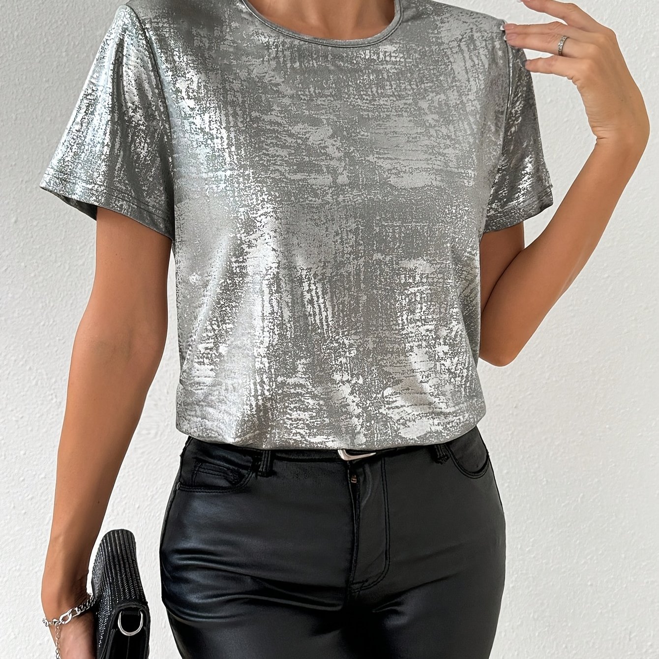 Image of Summer Round Neck Silvery-plated Casual Short-sleeve T-shirt
