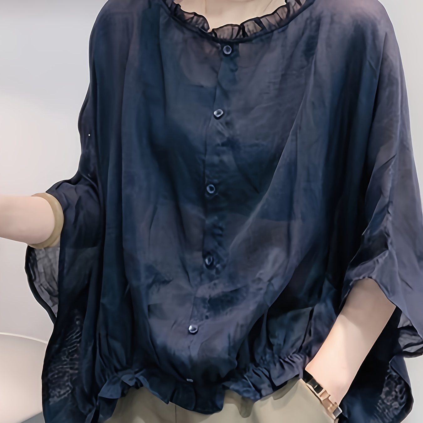 E-shop Leichte Damenbluse - Marineblaue Bluse mit Knopfleiste, Nicht-Dehnbarer Stoff für Schutz – Büro-, Party- und Alltagslook – Maschinenwaschbare