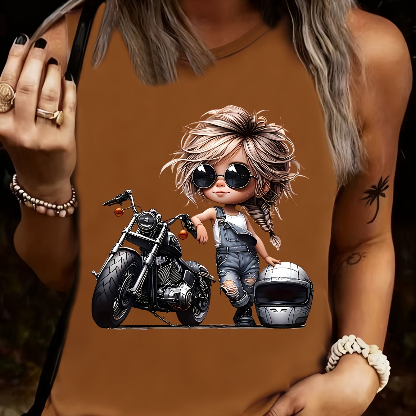 TEMU A With Braided Hair Wearing A Motorcycle Print Top, A Vintage Biker, A Vest For Motorcycle Enthusiasts, A Gift For