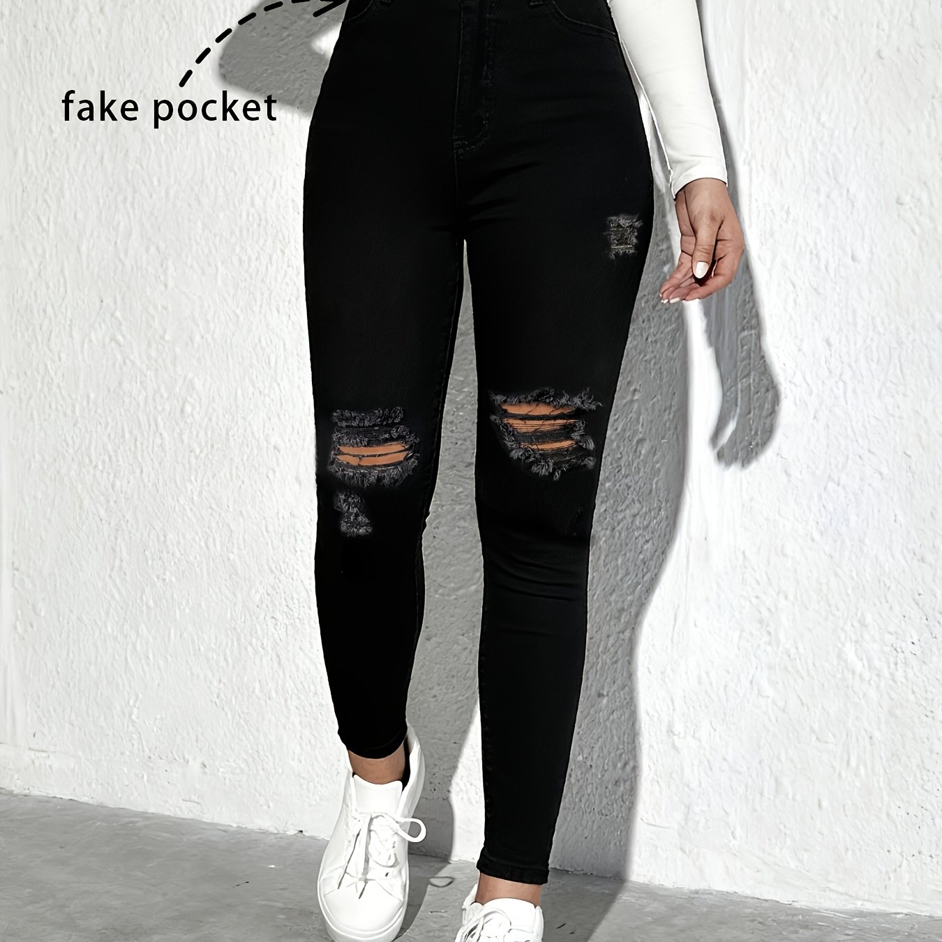 Image of Fashionable Women's Stretch Ripped Skinny Jeans, Classic Versatile Black, Slim Fit Cut Highlights Your Figure, A Trendy And Look