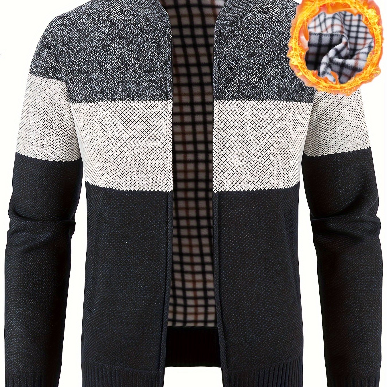 TEMU Veste Homme Décontractée à Col , Cardigan Tricoté Color Block, Vêtement d'Extérieur Automne/Hiver Zippé et Mi-Extensible, Coupe Standard avec