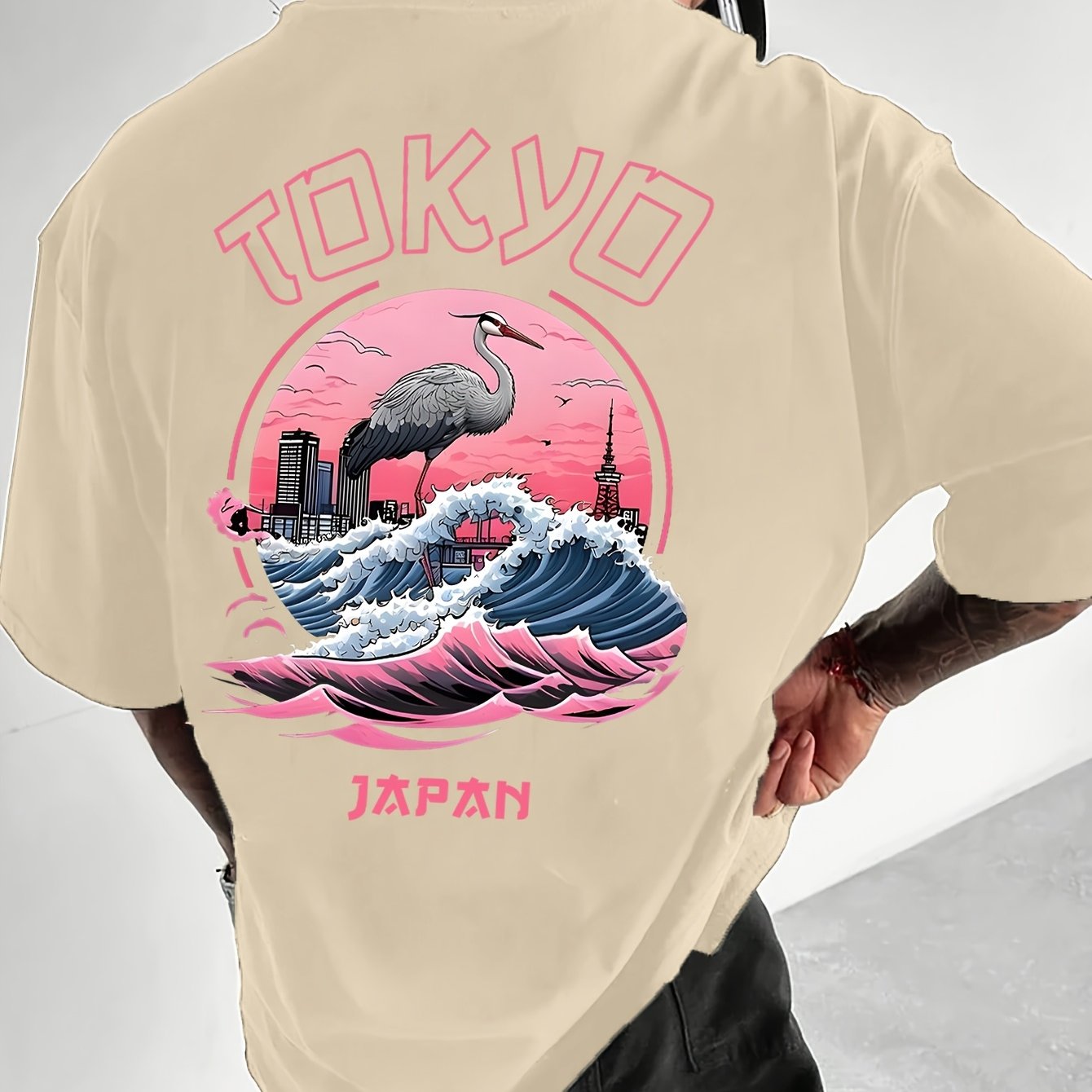 TEMU Loose And Versatile Crane Print Men's Easy Breathable Short Sleeve