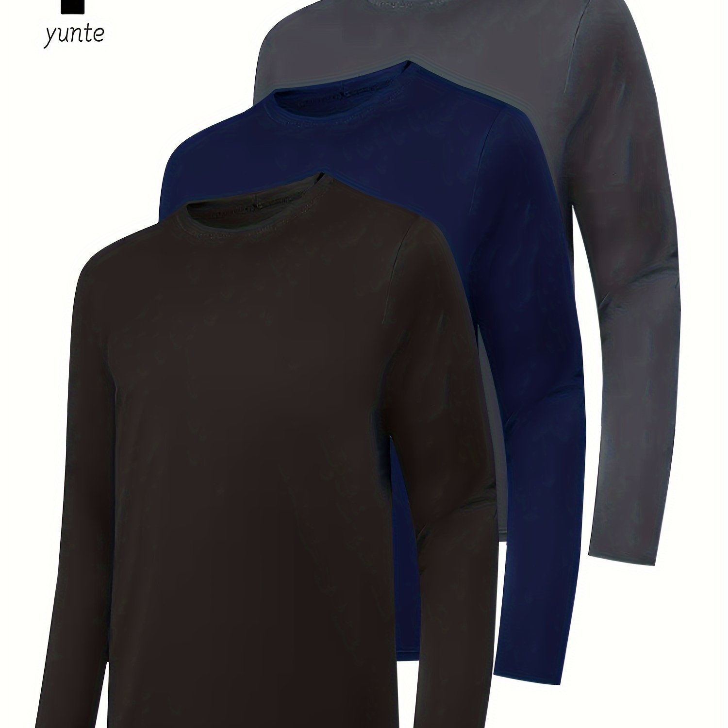 TEMU 3pcs Set Of Black-navy-gray Men's Athletic Long Sleeve Round Neck Shirts, Quick-, Fitness Athletic Wear, Casual Outdoor Sports Wear, Body Shaping Fitness Wear