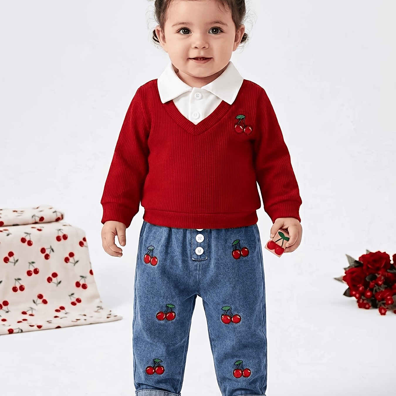 Girls' 2-piece Set: Shirt Collar Contrast Color Cherry Embroidered Long-sleeve Top And Mid-waist Button-decorated Multi-cherry Embroidered Hem Designer Denim Jeans Set