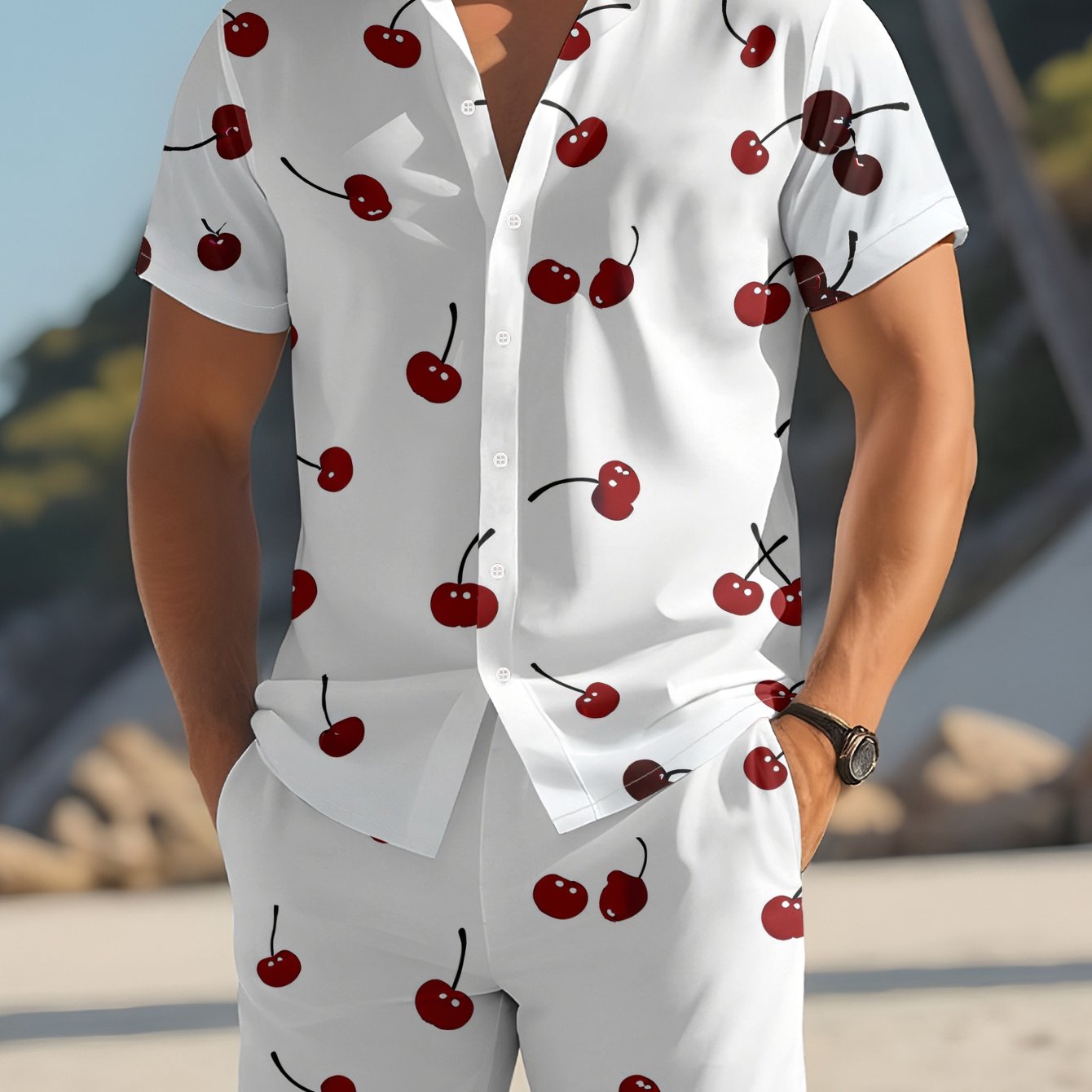 TEMU Men's Fashion Cherry Print Short Sleeve Shirt And Shorts Set Casual Business