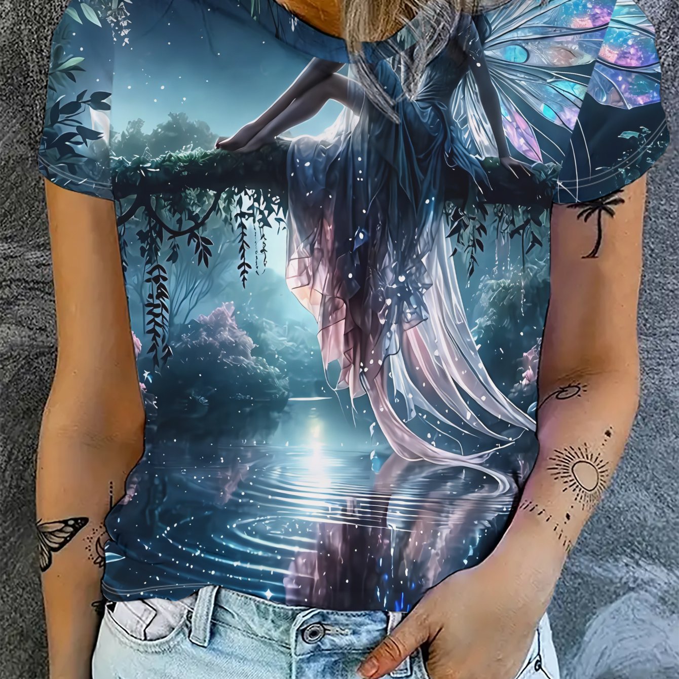 TEMU Short Sleeve T-shirt, Printed With Forest Fairy Design, Whimsical Colors, Aesthetic Scene