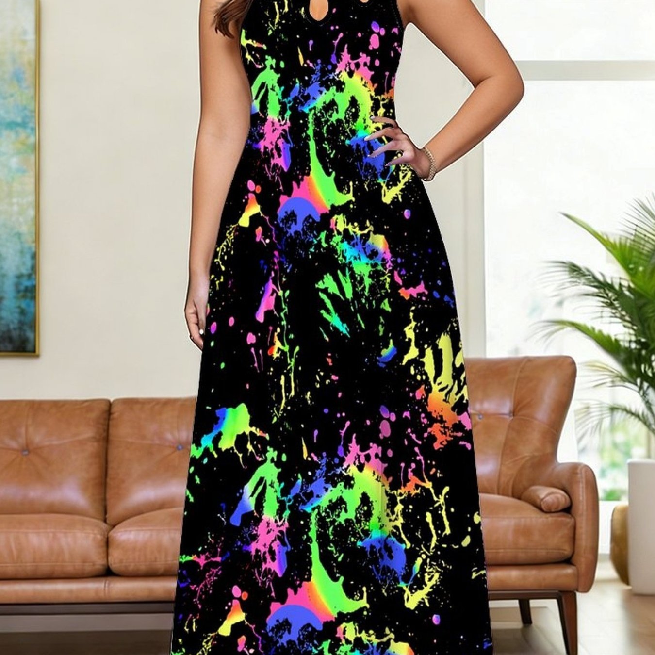 Image of Plus Size - Women's Dress, Women's Plus-size Dress, Tie-dye Style Full-body Print, Elegant Women's Wear, Trendy Fashion Style, Beach Vacation , Sleeveless Dress With Chest Cutout Vest
