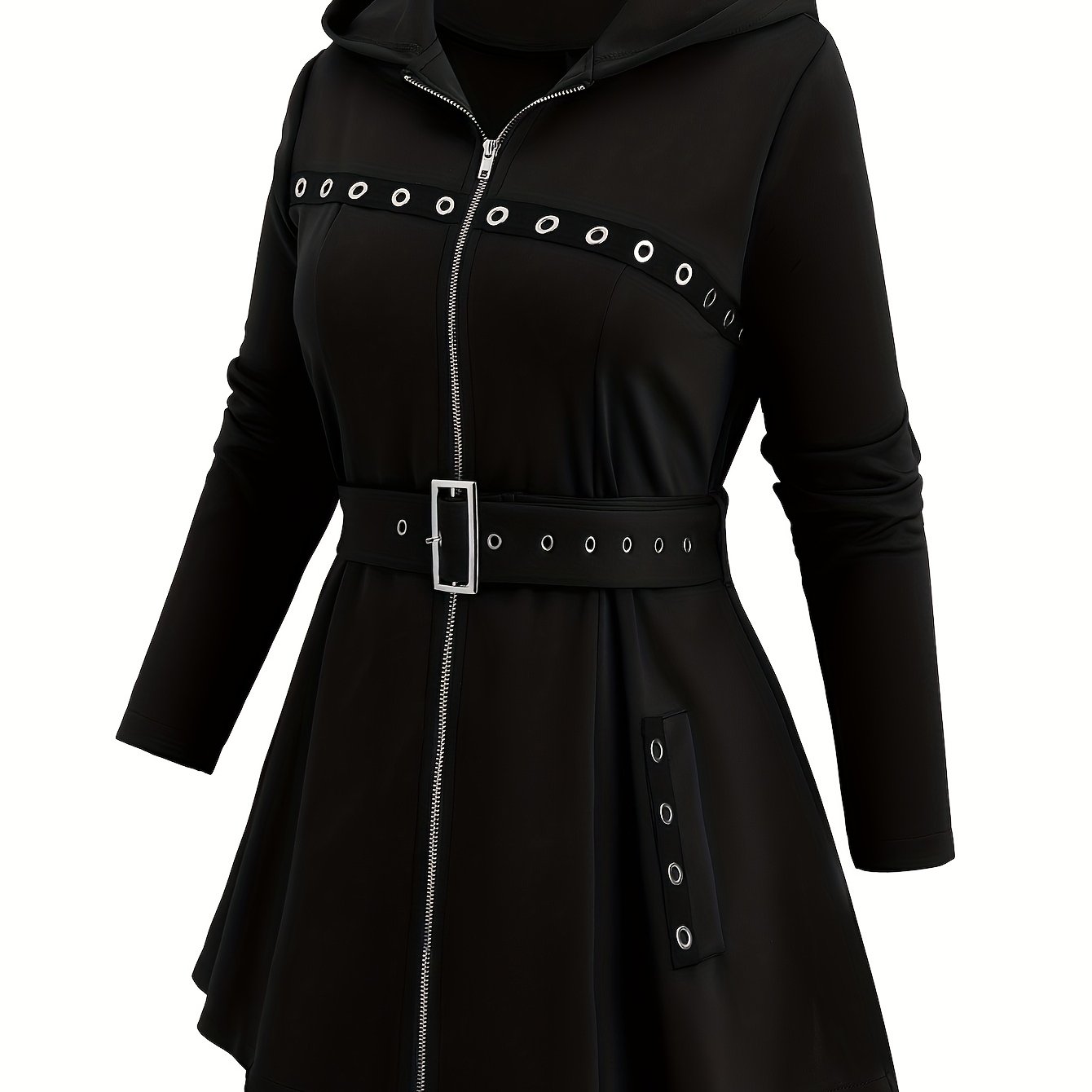 Plus Size, European And Plus Size Women's Winter Drawstring Waist Belted Pocket Hooded Solid Color Zipper Jacket