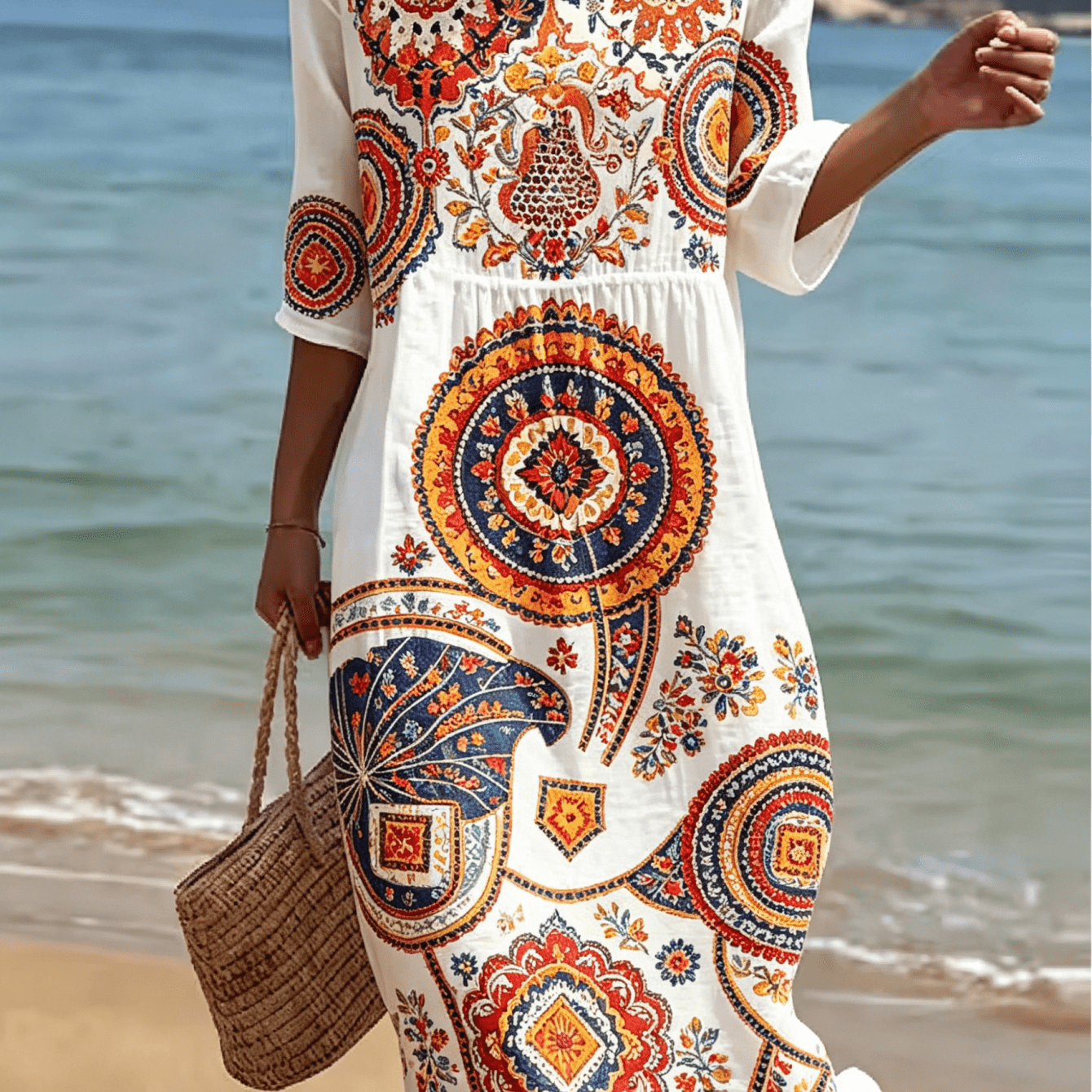 Image of Women Vintage Bohemian Mandala Floral Printed Beach Dress, Half Sleeve Round Neck Waist Ruched Soft Vacation Midi Sundress, Casual Cover Up