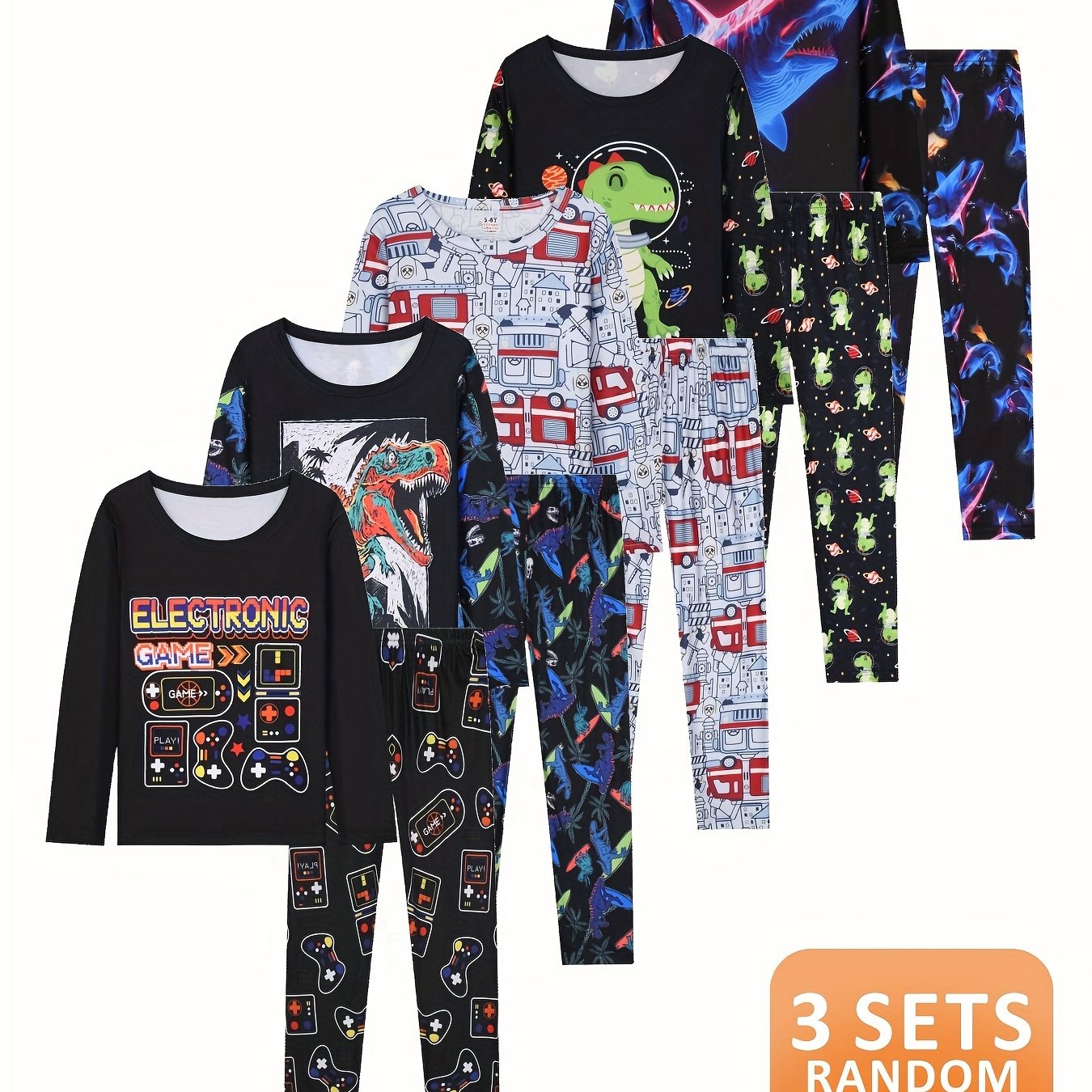 (random 3 Sets) Boys' Cartoon Pattern Round Neck Spring And Autumn Long-sleeved Long Pants Pajamas Set ( Flame Retardant Test)