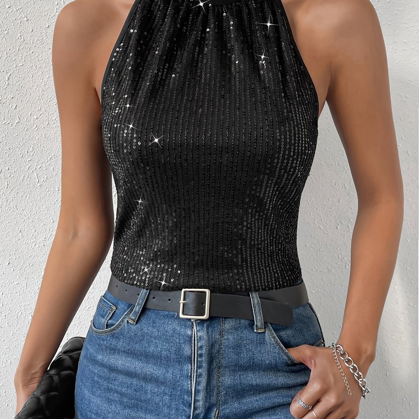 Sequined Backless Spaghetti Strap Top, Elegant Sleeveless Summer Top, Women's Clothing
