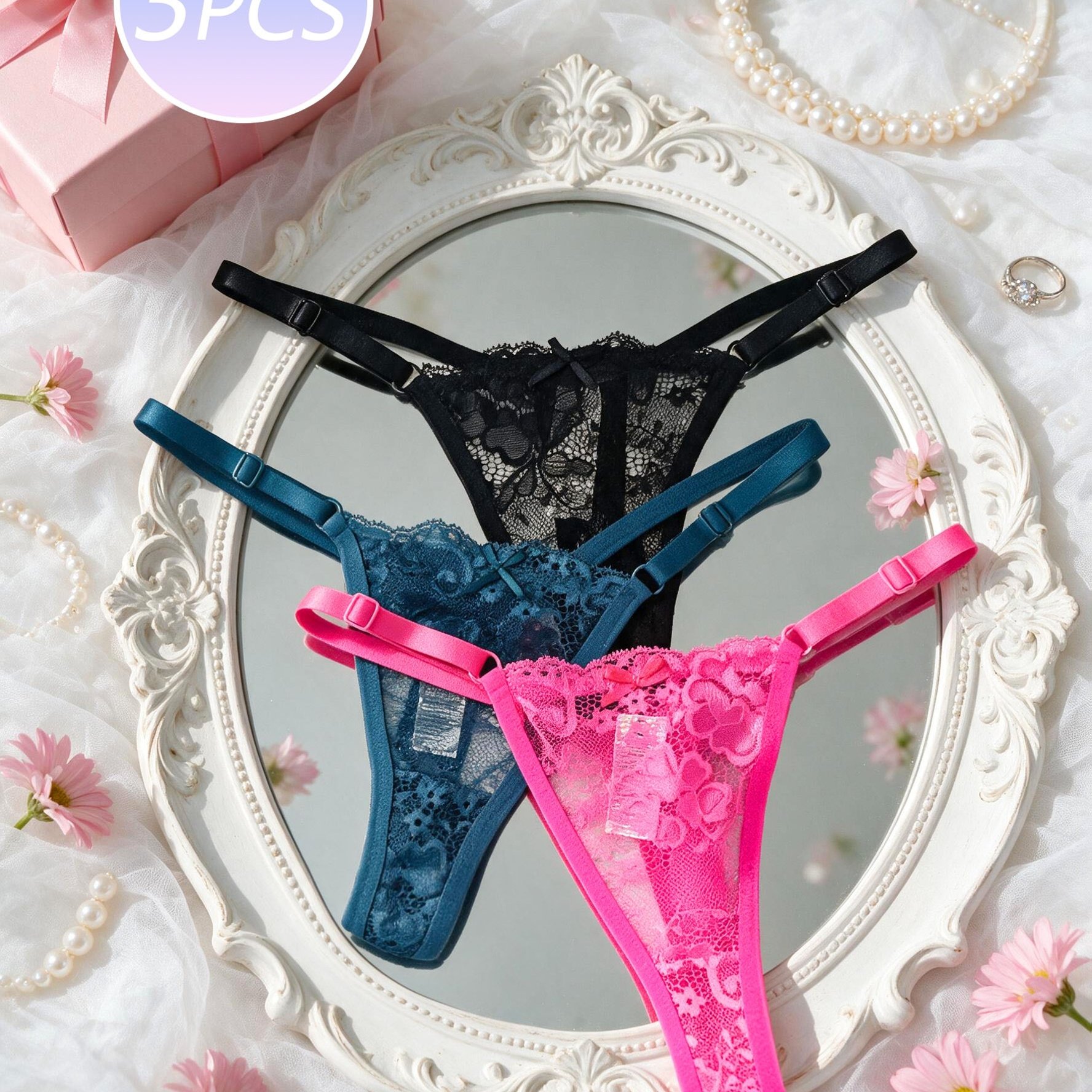 TEMU 3pcs Lace Low-waist Women's Panties With Sexy Hollow Lace Design, Adjustable Elastic Waistband, Soft And Comfortable Elastic Fabric, Summer