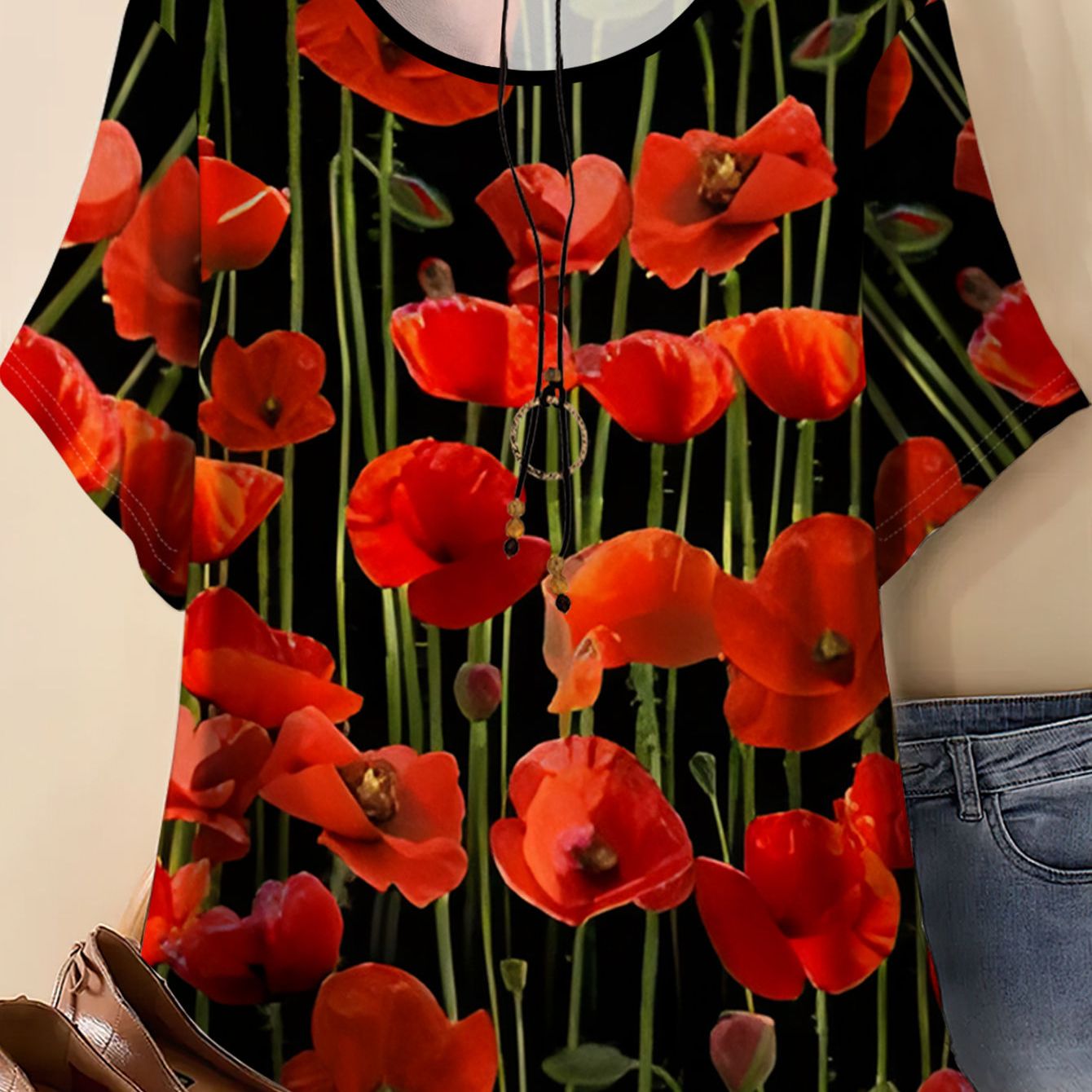 TEMU Plus-size Women's Red Poppy Print Short-sleeve T-shirt For Summer, A Loose And Stylish Pairs Well With Jeans For A Casual Look