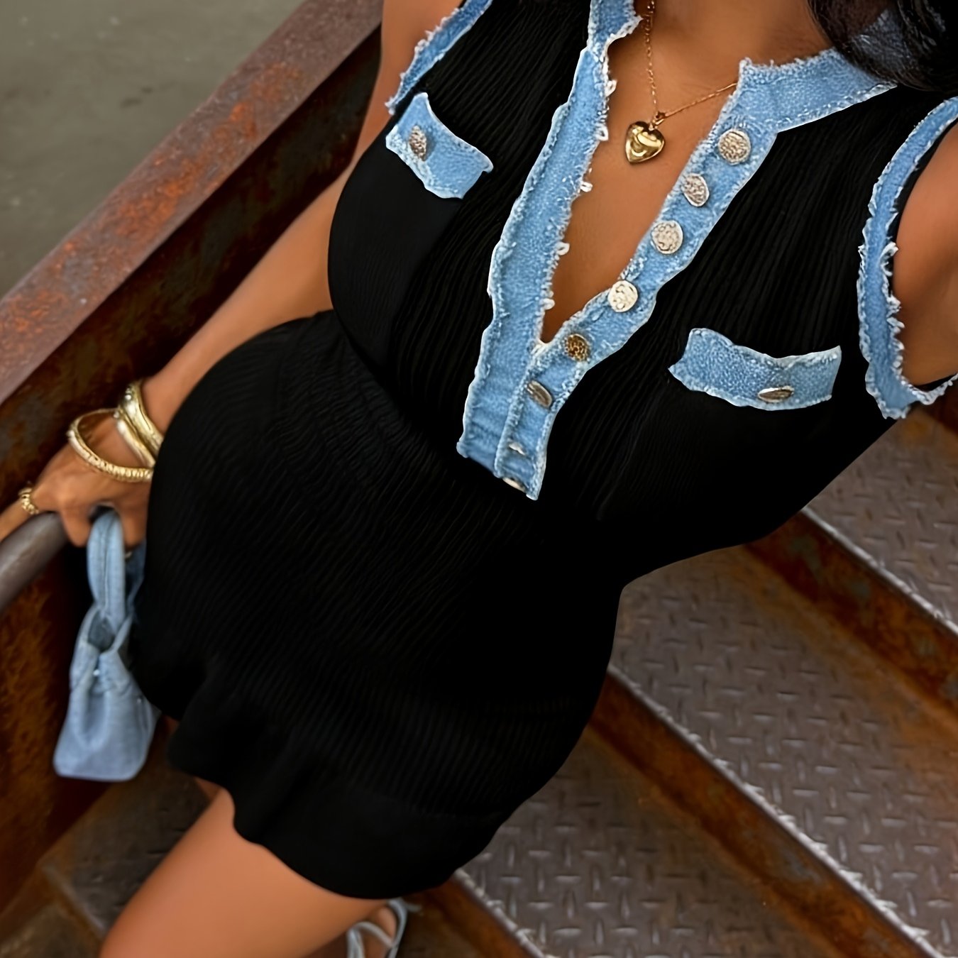 Image of Women's New Summer Open-front Color- Spliced Slim-fit Flattering Dress For Daily Commuting, Casual Wear, Versatile Fashion, And Vacation, Short Body-hugging Sleeveless Dress
